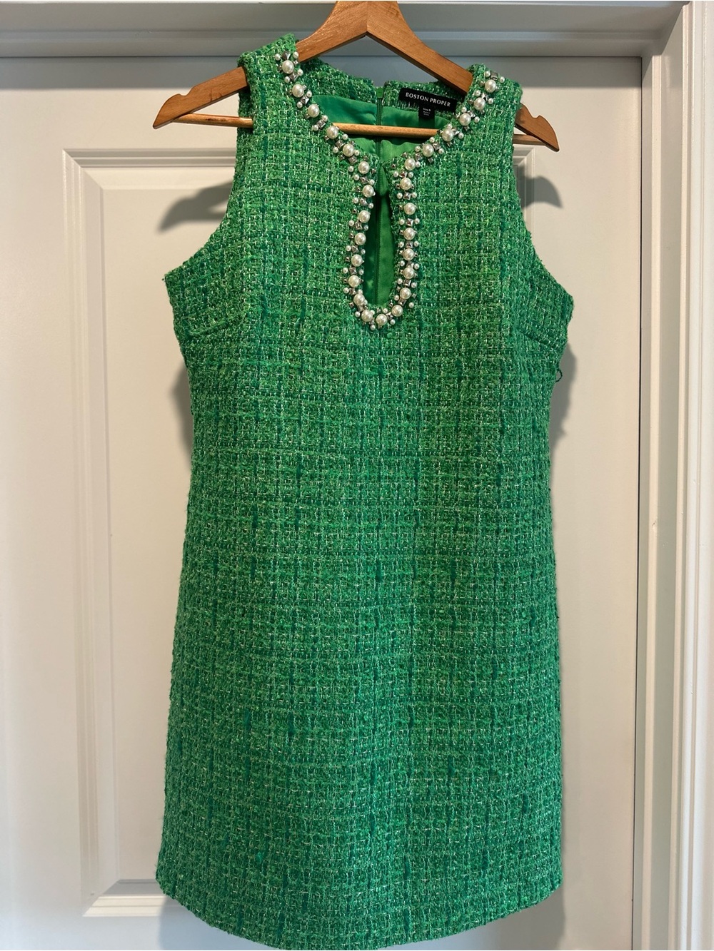 Boston Proper Green Tweed Sleeveless Pearl-Trim Sheath Dress